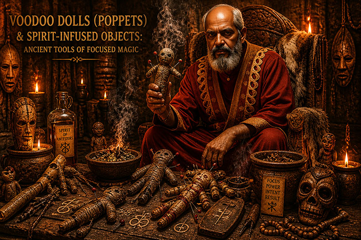Louis Voodoo Priest holding a handcrafted Voodoo poppet with herbs and symbols